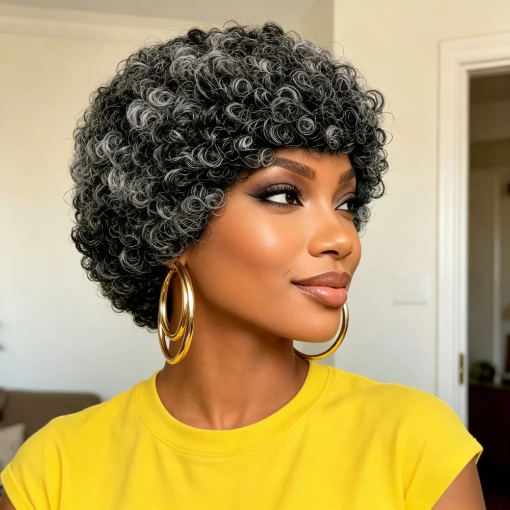 Salt and Pepper Gray Short Curly Human Hair Wig with Bangs, full machine made Remy Hair Natural Afro Kinky Curly Wigs for Women
Salt and Pepper Gray Short Curly Human Hair Wig with Bangs, full machine made Remy Hair Natural Afro Kinky Curly Wigs for Women