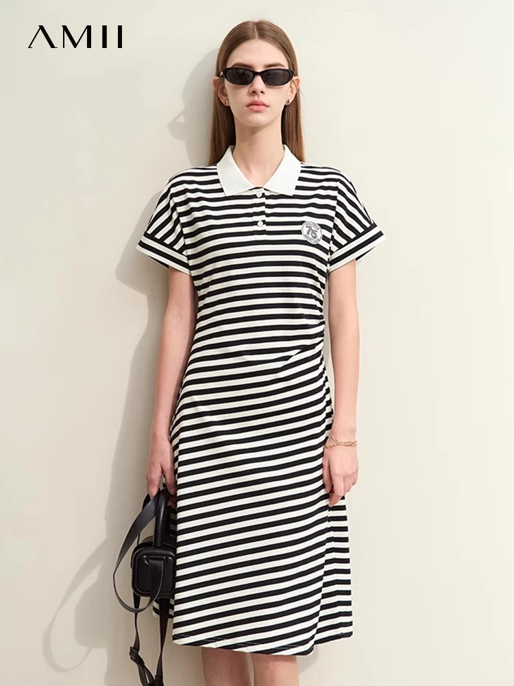 

Amii Minimalism 2024 Summer New Dresses for Women Shoulder Sleeve Collision Color Striped Lapel Slim Waisted Midi Dress 12422035