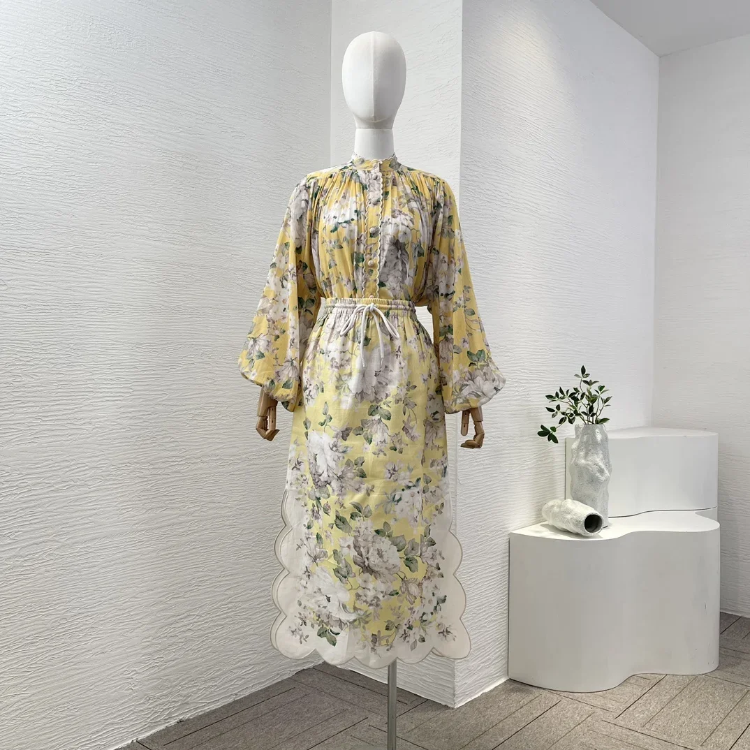 Holiday Beach Style Series Yellow Floral Print Full Lantern Sleeve Ramie Blouse and Linen Midi Slit Skirt Women Outfit Set
Holiday Beach Style Series Yellow Floral Print Full Lantern Sleeve Ramie Blouse and Linen Midi Slit Skirt Women Outfit Set