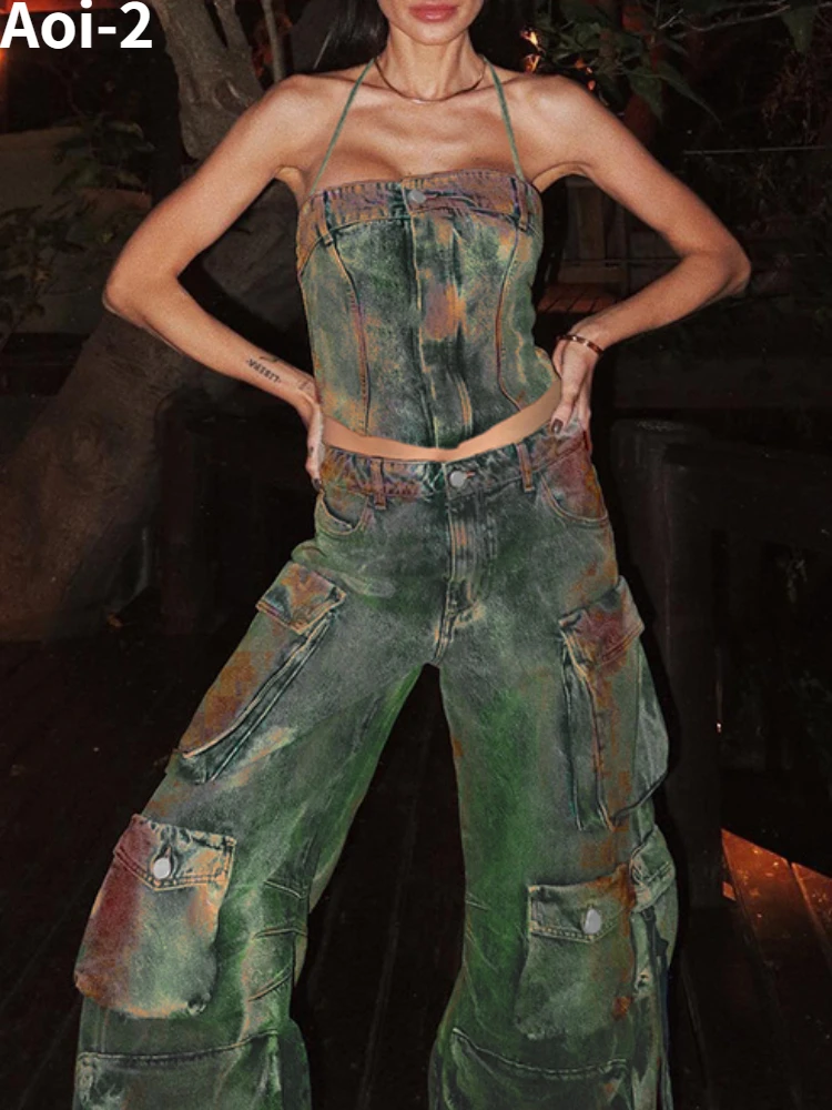 Vintage Street Color Denim Suit Women 23 Summer Autumn High Quality Washed Sexy Sling+Wide Leg Jeans Straight Pants 2-Piece Set.
Vintage Street Color Denim Suit Women 23 Summer Autumn High Quality Washed Sexy Sling+Wide Leg Jeans Straight Pants 2-Piece Set.
