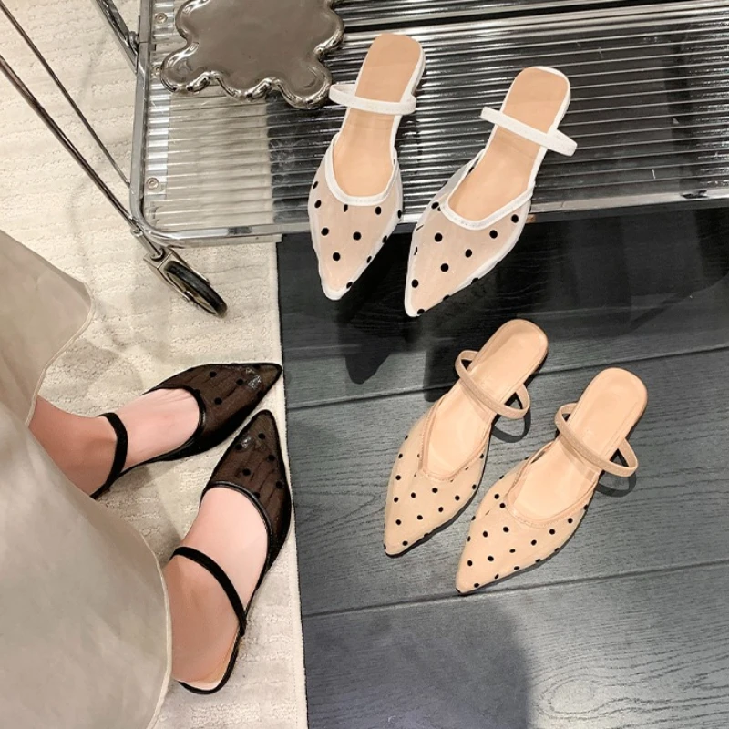 Women's Pointed Toe Polka Dot Mesh Slippers Transparent Back Strap Flat Mules Shoes Summer Concise Vacation Dress Slides
Women's Pointed Toe Polka Dot Mesh Slippers Transparent Back Strap Flat Mules Shoes Summer Concise Vacation Dress Slides