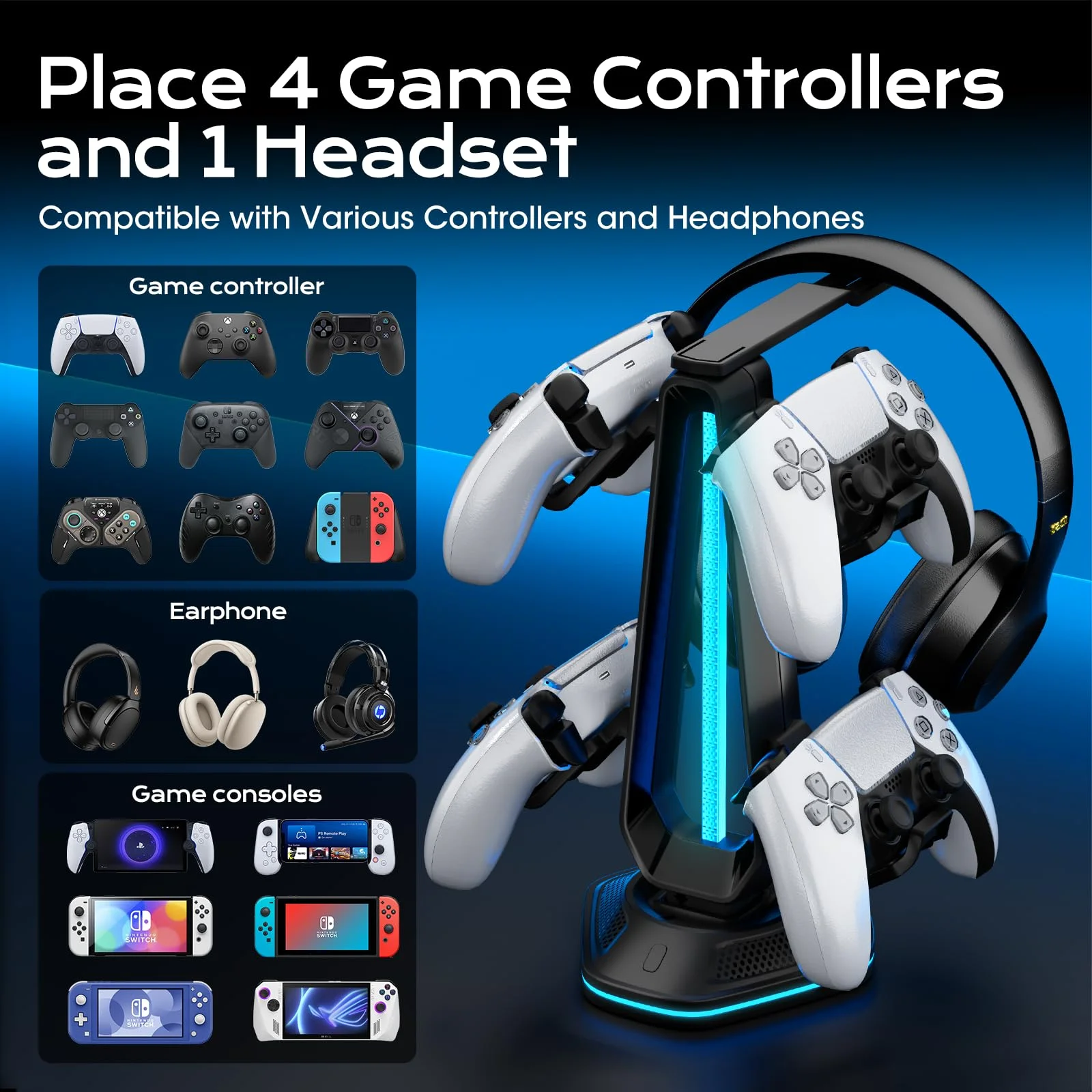 Стильная электронная подставка для игровых контроллеров и гарнитур PS4, PS5, Switch с 2 USB и 1 Type-C портами для зарядки, 7 режимами подсветки
Стильная электронная подставка для игровых контроллеров и гарнитур PS4, PS5, Switch с 2 USB и 1 Type-C портами для зарядки, 7 режимами подсветки