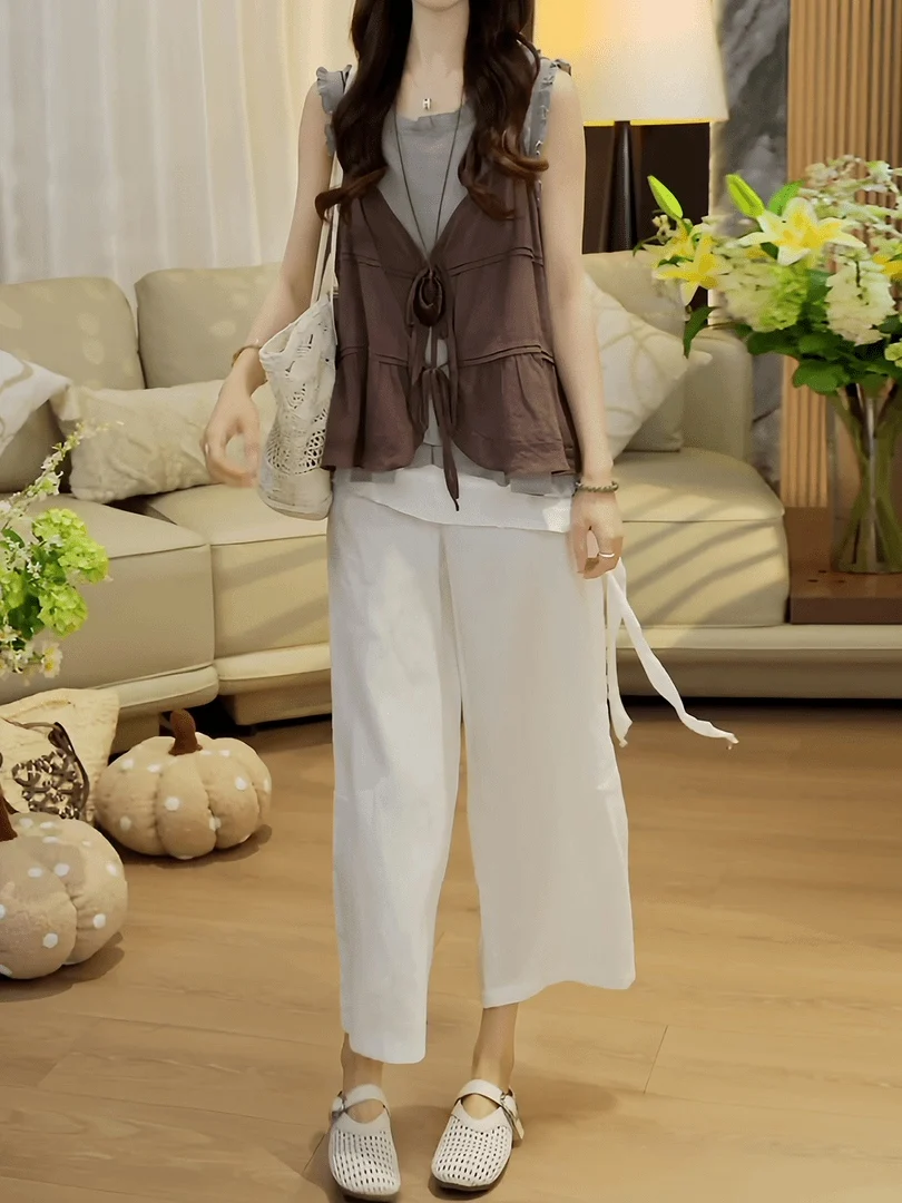 Summer 2026 Women's Lazy Style Set Sleeveless Strap Top Wide Leg Pants Three Piece Casual Comfortable Breathable Lightweight
Summer 2026 Women's Lazy Style Set Sleeveless Strap Top Wide Leg Pants Three Piece Casual Comfortable Breathable Lightweight