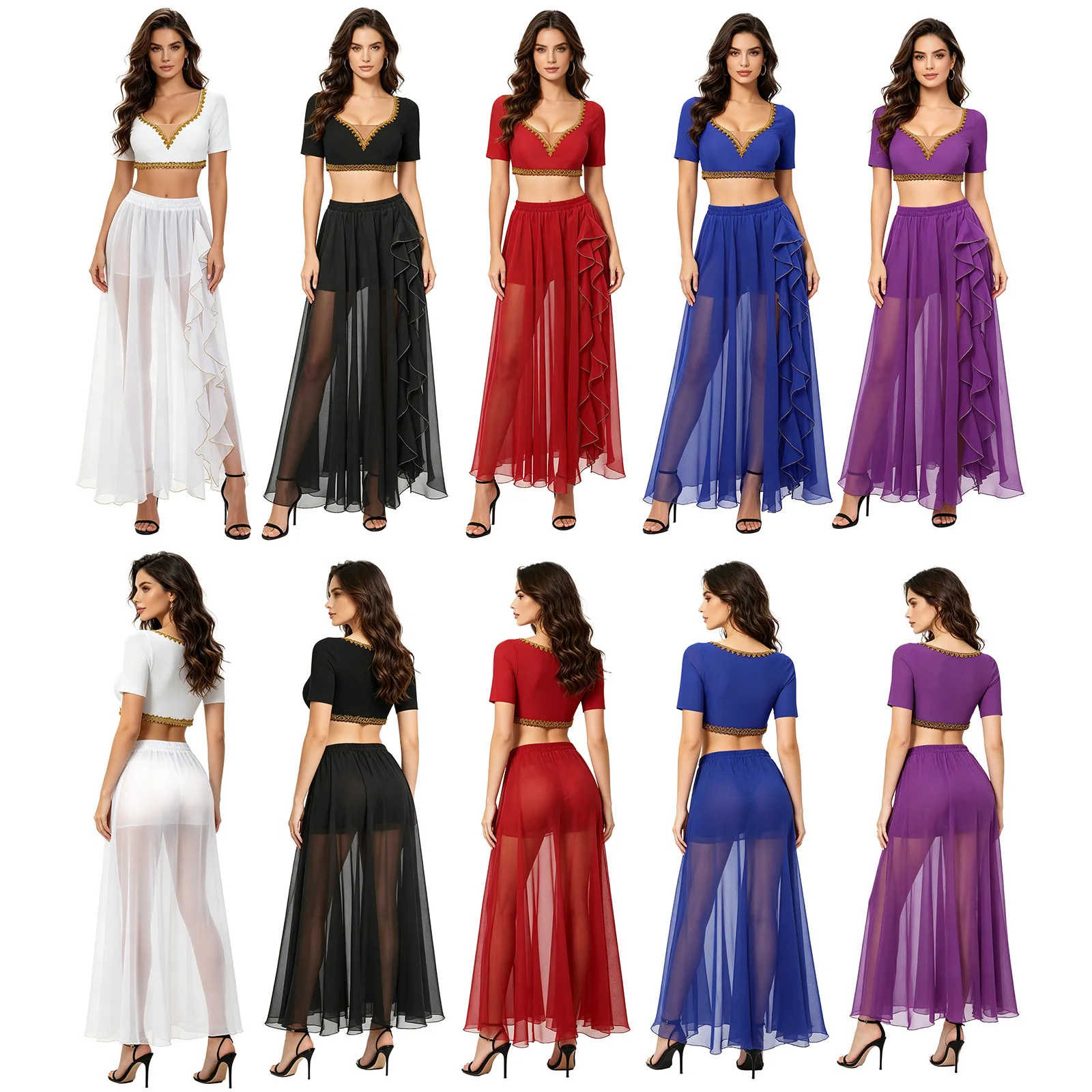 Women Belly Dance Outfits Indian V Neck Short Sleeve Crop Top with Elastic Waistband Ruffles Side Split Flowy Chiffon Skirt
Women Belly Dance Outfits Indian V Neck Short Sleeve Crop Top with Elastic Waistband Ruffles Side Split Flowy Chiffon Skirt