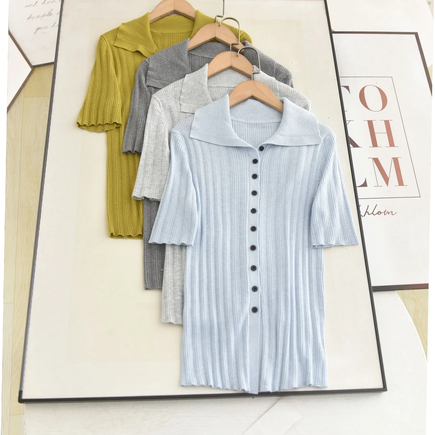 Slim Fit Knit Shirt Short Sleeve Turn-down Collar Single Button Elegant Style Casual Summer New Arrival Women's Fashion Top
Slim Fit Knit Shirt Short Sleeve Turn-down Collar Single Button Elegant Style Casual Summer New Arrival Women's Fashion Top