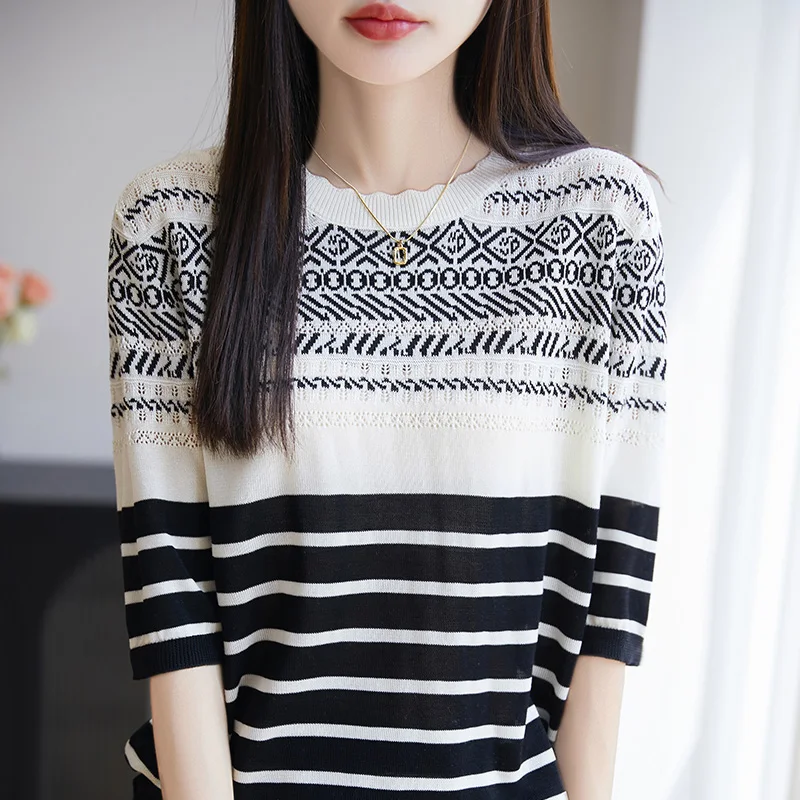 Lyocell color blocked striped knitted shirt short sleeved women's summer new loose T-shirt top T-shirt
Lyocell color blocked striped knitted shirt short sleeved women's summer new loose T-shirt top T-shirt