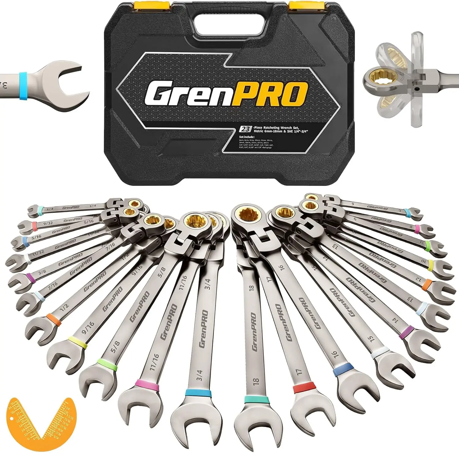 23PCS Flex-Head Ratcheting Wrench Set, Metric & SAE with Organizer Box, 6-18mm & 1/4" to 3/4", Color Ring, Nickel Plating
23PCS Flex-Head Ratcheting Wrench Set, Metric & SAE with Organizer Box, 6-18mm & 1/4" to 3/4", Color Ring, Nickel Plating