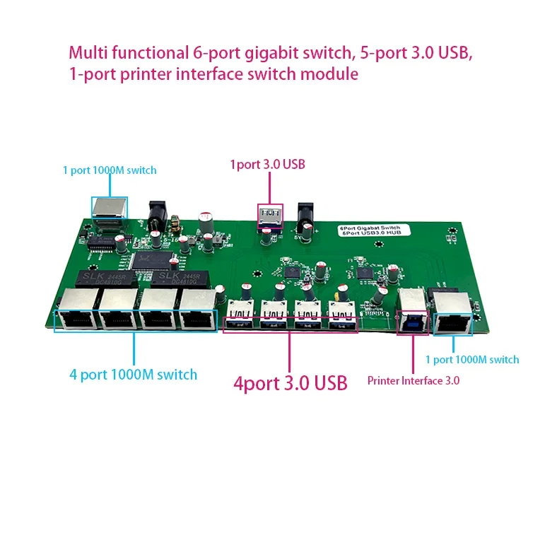 Multi functional 6-port gigabit switch, 5-port 3.0 USB, 1-port printer interface switch module
Multi functional 6-port gigabit switch, 5-port 3.0 USB, 1-port printer interface switch module