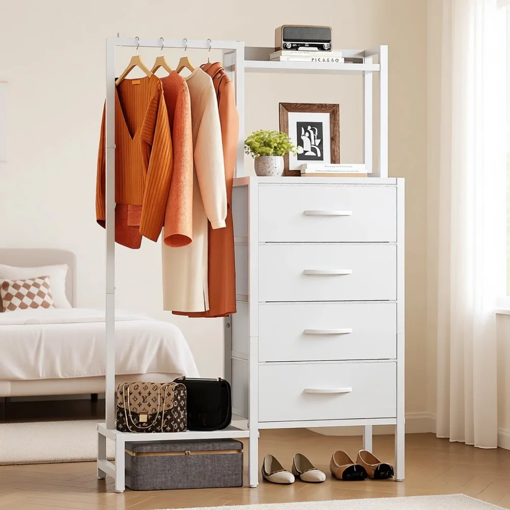 White Dresser with Hanging Rack Four Drawer Chest Reversible Storage Shelf Compact Bedroom Closet Organizer
White Dresser with Hanging Rack Four Drawer Chest Reversible Storage Shelf Compact Bedroom Closet Organizer