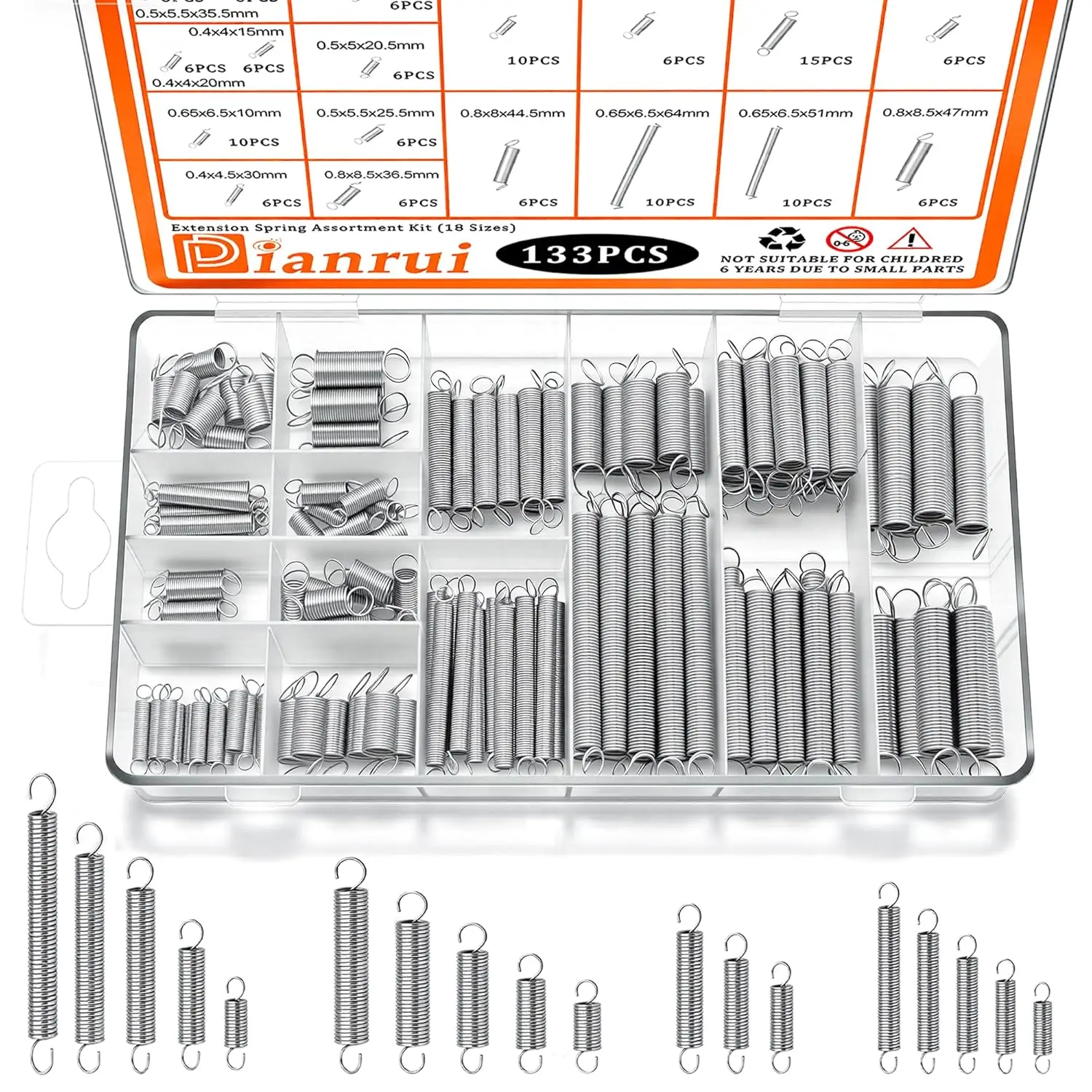 133 Pcs Extension Spring Assortment Kit - 18 Sizes Zinc Plated Springs for DIY & Home Repairs
133 Pcs Extension Spring Assortment Kit - 18 Sizes Zinc Plated Springs for DIY & Home Repairs