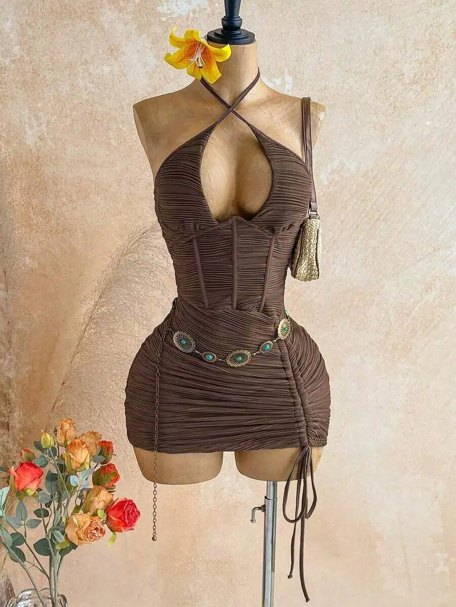 Womens Knitted Ruched Halter Backless Mini Dress With Drawstring Waist
Womens Knitted Ruched Halter Backless Mini Dress With Drawstring Waist