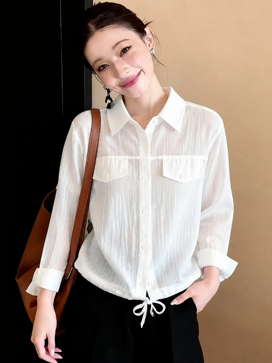 Summer 2026 Long Sleeve Shirt Drawstring Waist Slimming Sun Protection Single Button Design Fashionable Commute Style Women's...
Summer 2026 Long Sleeve Shirt Drawstring Waist Slimming Sun Protection Single Button Design Fashionable Commute Style Women's...