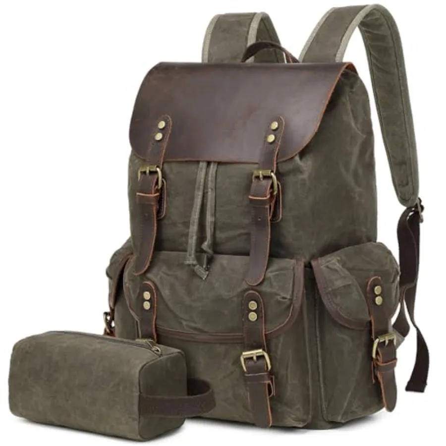 Vintage Leather Canvas Backpack, Waxed Canvas Shoulder Rucksack with Toiletry Shoulder Rucksack for Traveling, Camping, Hiking,
Vintage Leather Canvas Backpack, Waxed Canvas Shoulder Rucksack with Toiletry Shoulder Rucksack for Traveling, Camping, Hiking,