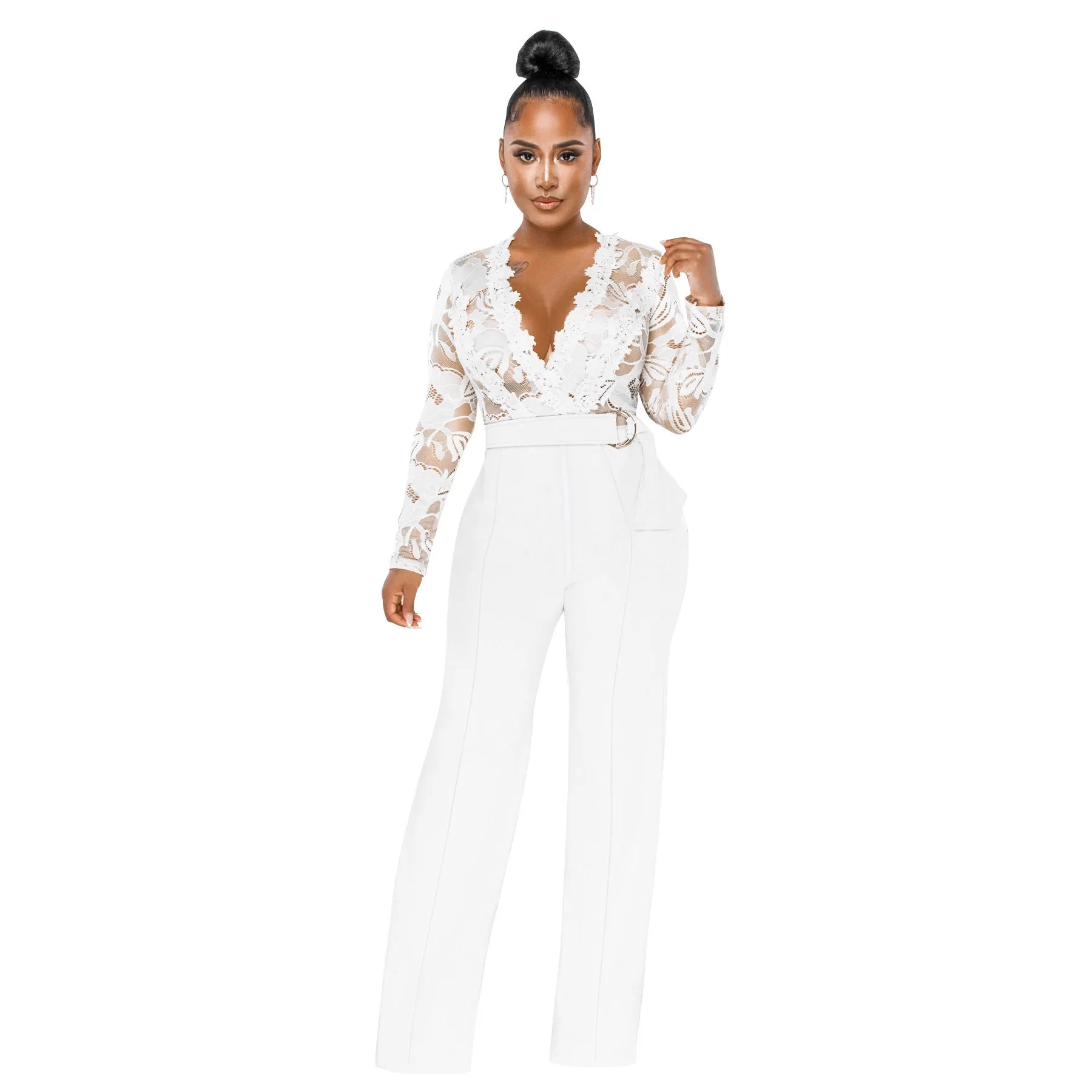 Fashionable Sexy Casual Lace Patterned One-Piece Suit V-Neck High Waist Thickened Long Pants for Women High Quality Material
Fashionable Sexy Casual Lace Patterned One-Piece Suit V-Neck High Waist Thickened Long Pants for Women High Quality Material
