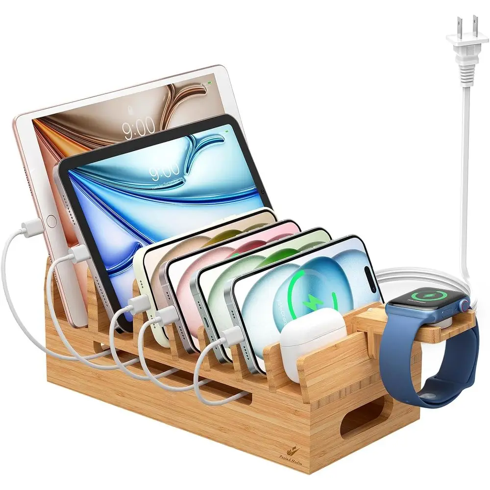 Multi-Device Charging Station with Watch Stand, 5-Port USB Hub, and 5 Charging Cables for Desk Organization
Multi-Device Charging Station with Watch Stand, 5-Port USB Hub, and 5 Charging Cables for Desk Organization