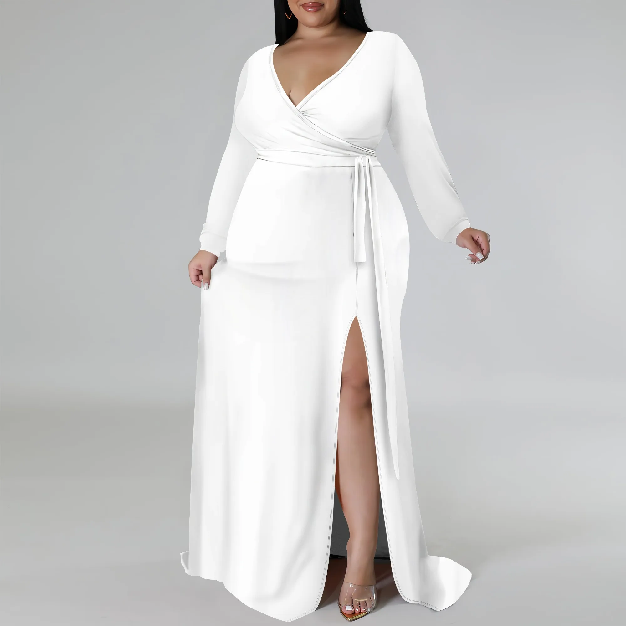 Plus Size Formal Maxi Dress for Women Sexy Long Sleeve V Neck Side Split Solid Color Casual Dress with Belt
Plus Size Formal Maxi Dress for Women Sexy Long Sleeve V Neck Side Split Solid Color Casual Dress with Belt