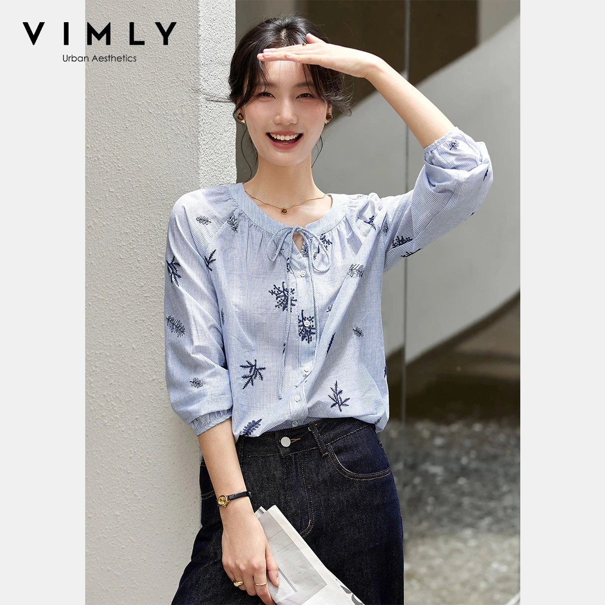 VIMLY Striped Embroidered Shirt Women 2025 Autumn New Long Sleeve Blouses Commute Tie-neck Loose Fit Women's Clothing A3066
VIMLY Striped Embroidered Shirt Women 2025 Autumn New Long Sleeve Blouses Commute Tie-neck Loose Fit Women's Clothing A3066