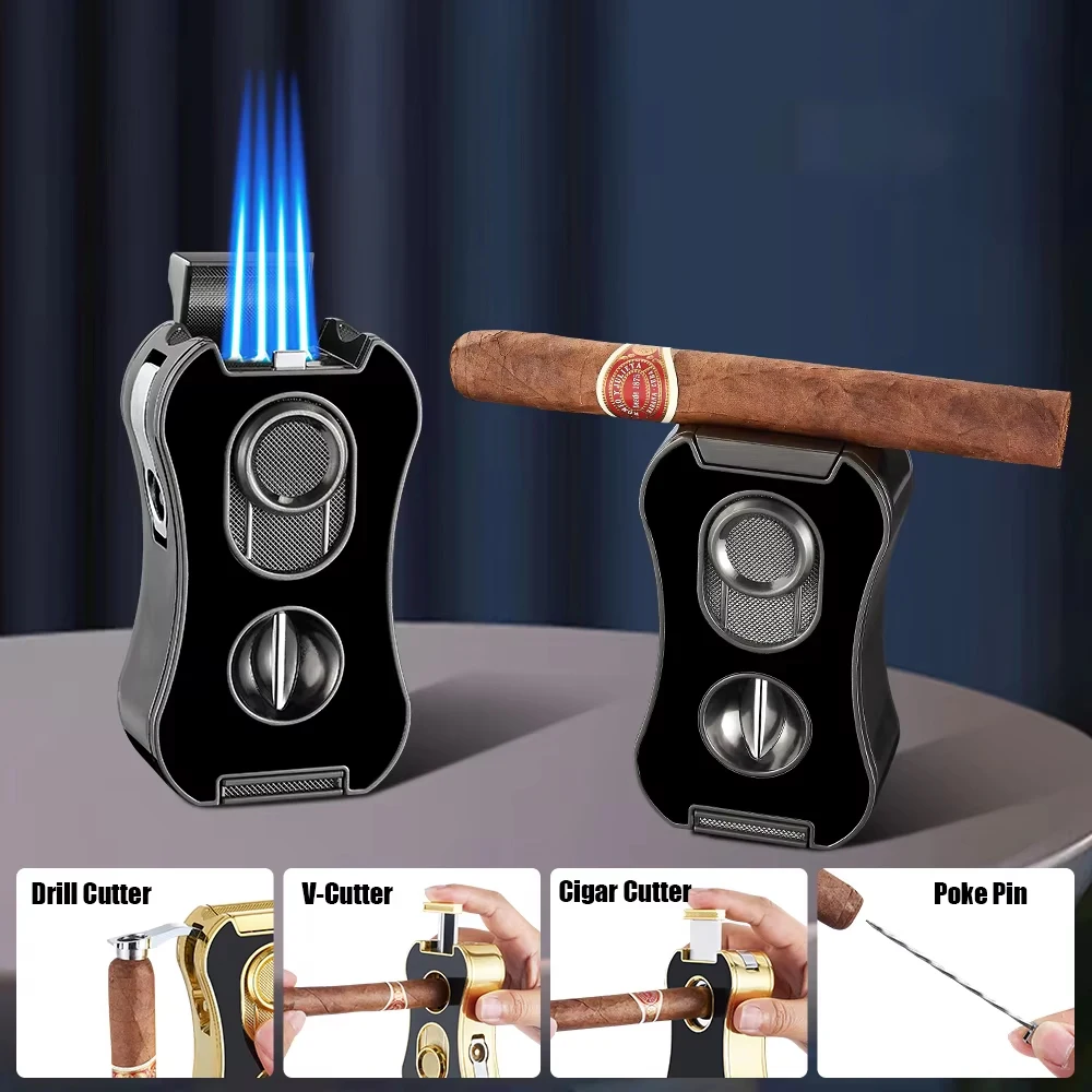 6-in-1Cigar Lighter Strong Four Blue Flame Portable Cigar Cutting Design Cutting Alloy Material Body Adjustable Flame Size
6-in-1Cigar Lighter Strong Four Blue Flame Portable Cigar Cutting Design Cutting Alloy Material Body Adjustable Flame Size
