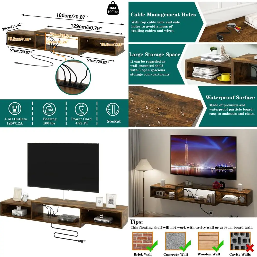 Настенная плавающая подставка для телевизора с розеткой, полка для медиаконсоли в деревенском коричневом стиле, развлекательный центр для гостиной, спальни или
Настенная плавающая подставка для телевизора с розеткой, полка для медиаконсоли в деревенском коричневом стиле, развлекательный центр для гостиной, спальни или