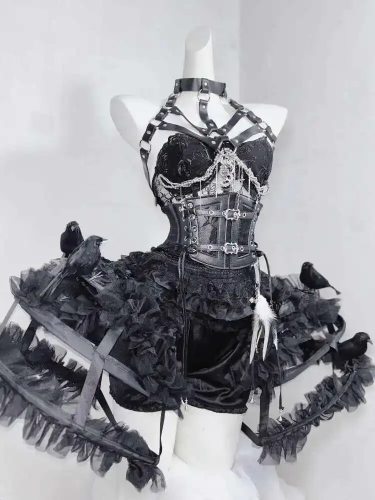 Pure Black Gothic Ribbed Fishbone Corset with 3D Crow Lace Birdcage Skirt Two-Piece Dress
Pure Black Gothic Ribbed Fishbone Corset with 3D Crow Lace Birdcage Skirt Two-Piece Dress