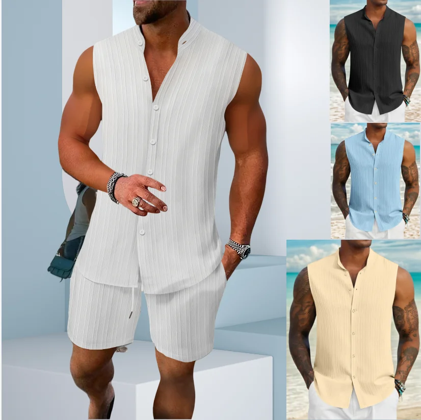 Summer Europe and the United States men's new striped jacquard casual loose button-down vest sleeveless beach sports shorts suit
Summer Europe and the United States men's new striped jacquard casual loose button-down vest sleeveless beach sports shorts suit