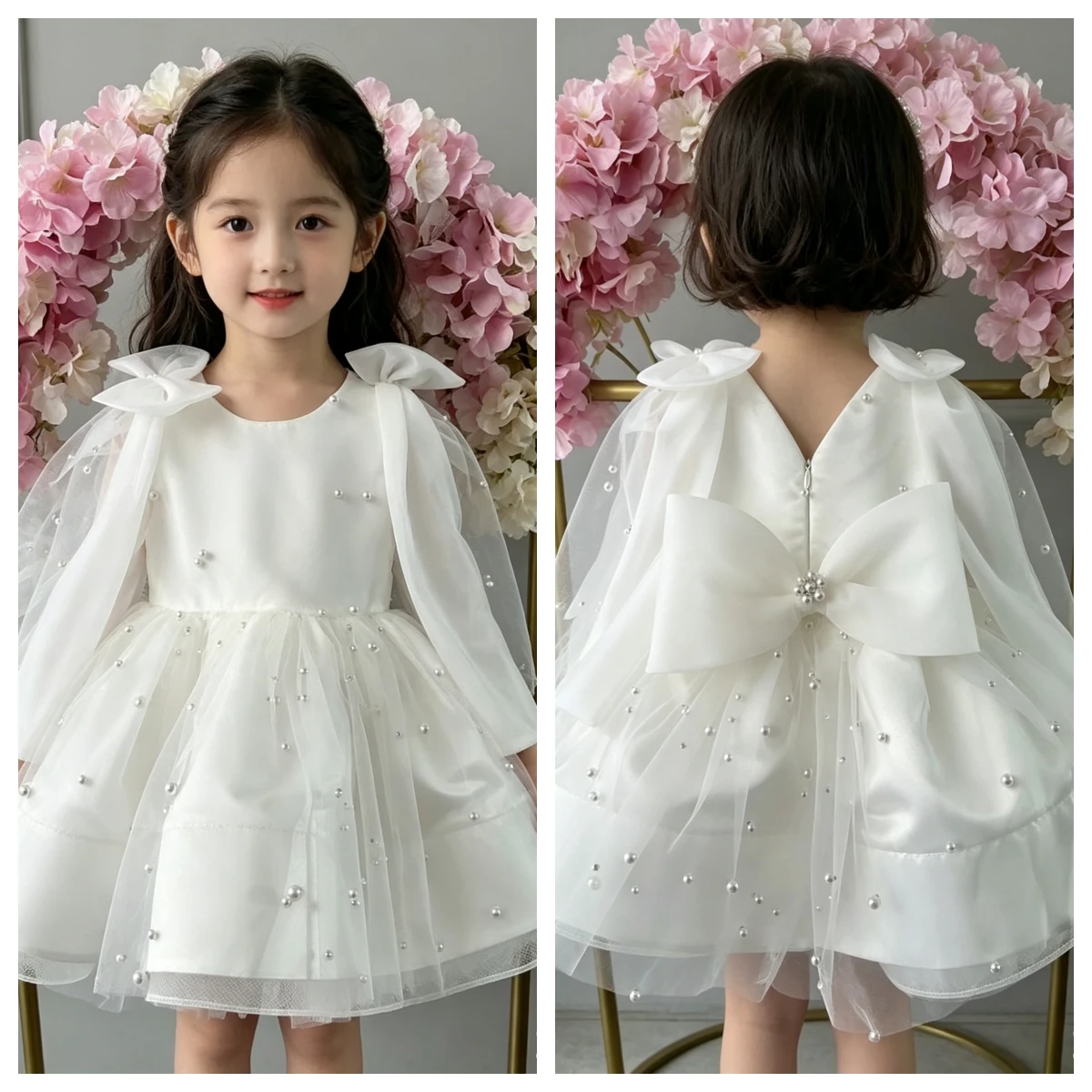 White Pearl Tulle Flower Girl Dress Sheer Sleeve Big Back Bow Toddler Princess Gown Kids Wedding Baptism Birthday Party Outfit
White Pearl Tulle Flower Girl Dress Sheer Sleeve Big Back Bow Toddler Princess Gown Kids Wedding Baptism Birthday Party Outfit