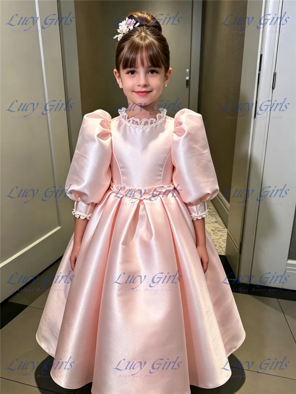 Elegant Pink Satin Puff Sleeves Flower Girl Dress Lace Collar for Girls Wedding Off Shoulder First Communion Evening Dresses
Elegant Pink Satin Puff Sleeves Flower Girl Dress Lace Collar for Girls Wedding Off Shoulder First Communion Evening Dresses