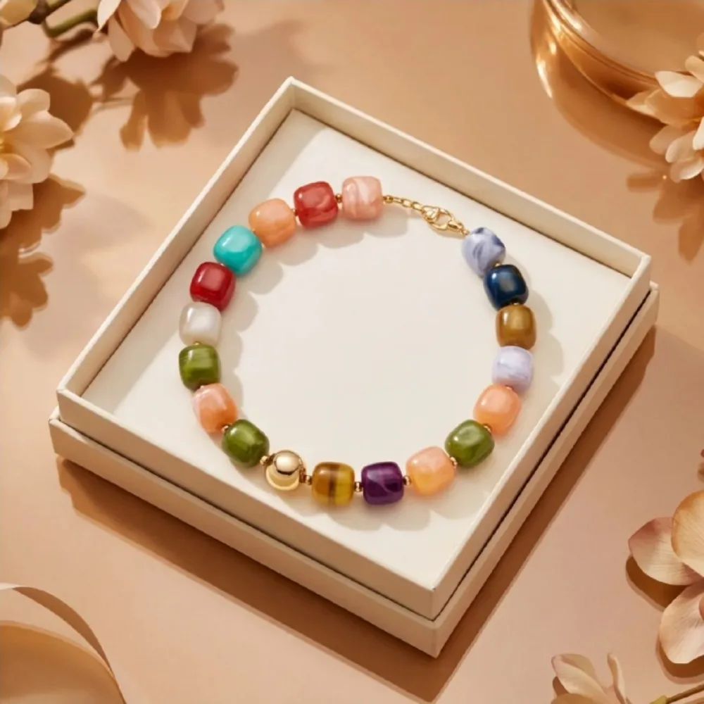 Colorful Acrylic Beaded Bracelet, Multi-Color Cube Beads with Gold Plated Accent, Adjustable Chain
Colorful Acrylic Beaded Bracelet, Multi-Color Cube Beads with Gold Plated Accent, Adjustable Chain