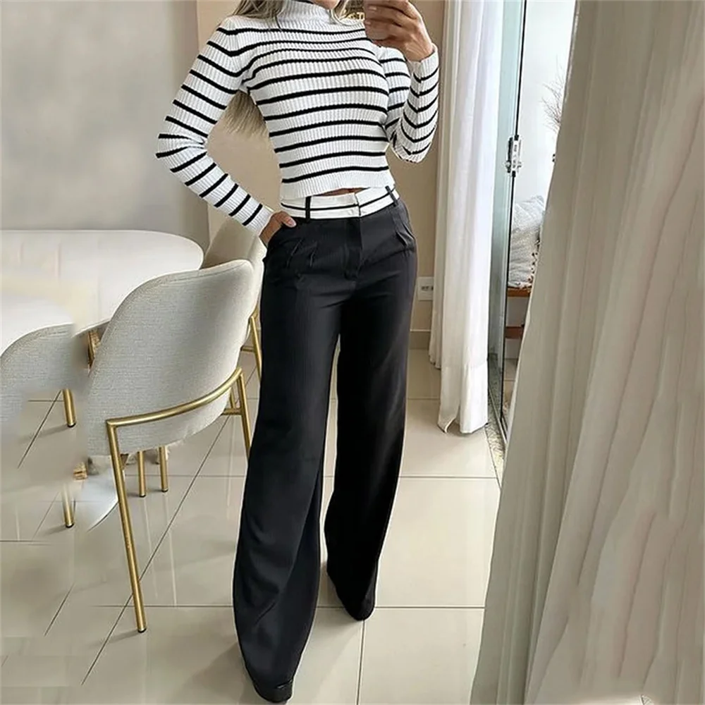 Women Striped Sweater and Black Long Pants Set Autumn Turtleneck Slim Long Sleeve Pullovers Loose High Waist Wide Leg Pants Suit
Women Striped Sweater and Black Long Pants Set Autumn Turtleneck Slim Long Sleeve Pullovers Loose High Waist Wide Leg Pants Suit