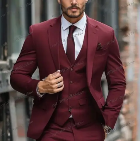 Male Burgundy Business Suit Groom Groomsman Wedding Party Prom Formal Occasion Men Tuxedos 3 Piece Set Blazer Vest Pants