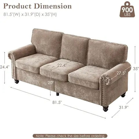 Sofá de 3 plazas con brazos enrollados y cabeza de clavo, patas de madera, resortes de bolsillo, cojín de asiento, fácil montaje, cómodo sofá de 81,5"