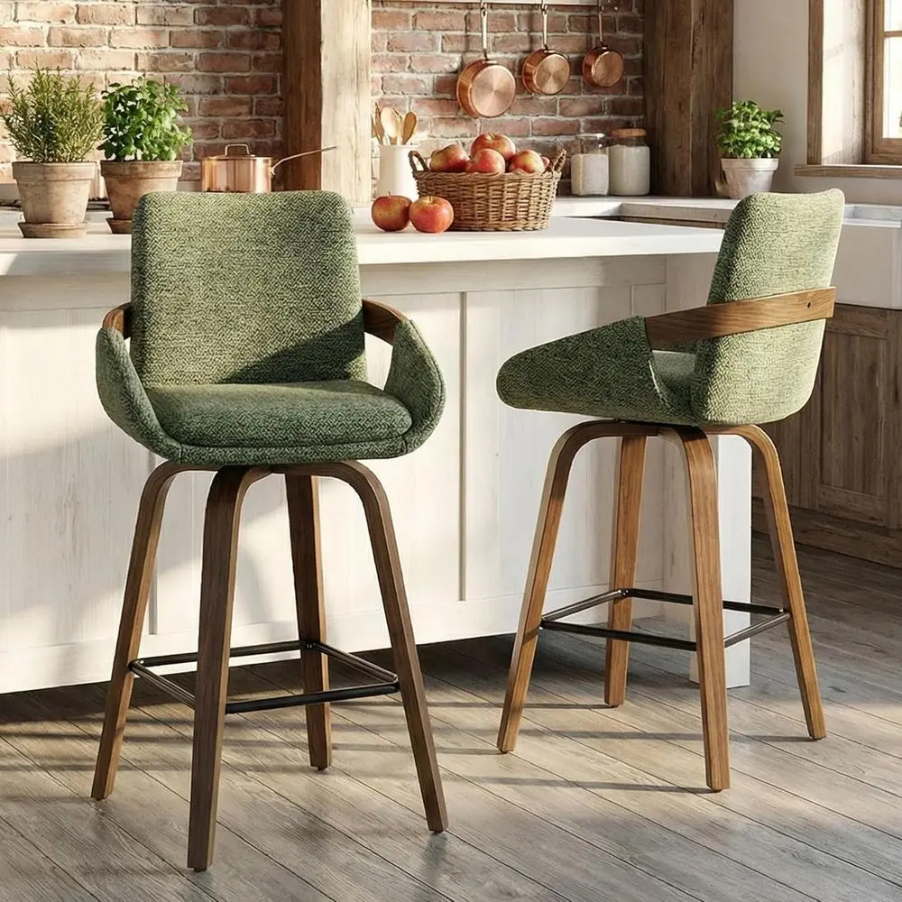 Set of 2 26 Swivel Bar Stools with Linen Fabric and Walnut Bentwood Back, Ideal for Kitchen Islands and Home Bars in Moss Green
Set of 2 26 Swivel Bar Stools with Linen Fabric and Walnut Bentwood Back, Ideal for Kitchen Islands and Home Bars in Moss Green