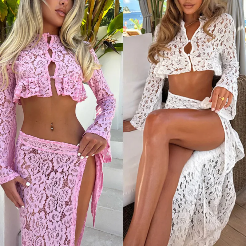Mesh Lace Top Dresses Bikini 2 Piece Set Swimwear Women Summer Sexy Solid Vacation Beach Outfits Perspective Long Sleeve Set New
Mesh Lace Top Dresses Bikini 2 Piece Set Swimwear Women Summer Sexy Solid Vacation Beach Outfits Perspective Long Sleeve Set New