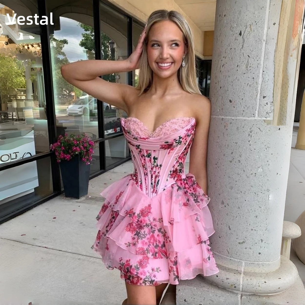 Vestal Pink Floral Strapless Homecoming Dress Sweetheart Corset Tiered Ruffle Chiffon A-Line Mini Cocktail Dress Customized
Vestal Pink Floral Strapless Homecoming Dress Sweetheart Corset Tiered Ruffle Chiffon A-Line Mini Cocktail Dress Customized