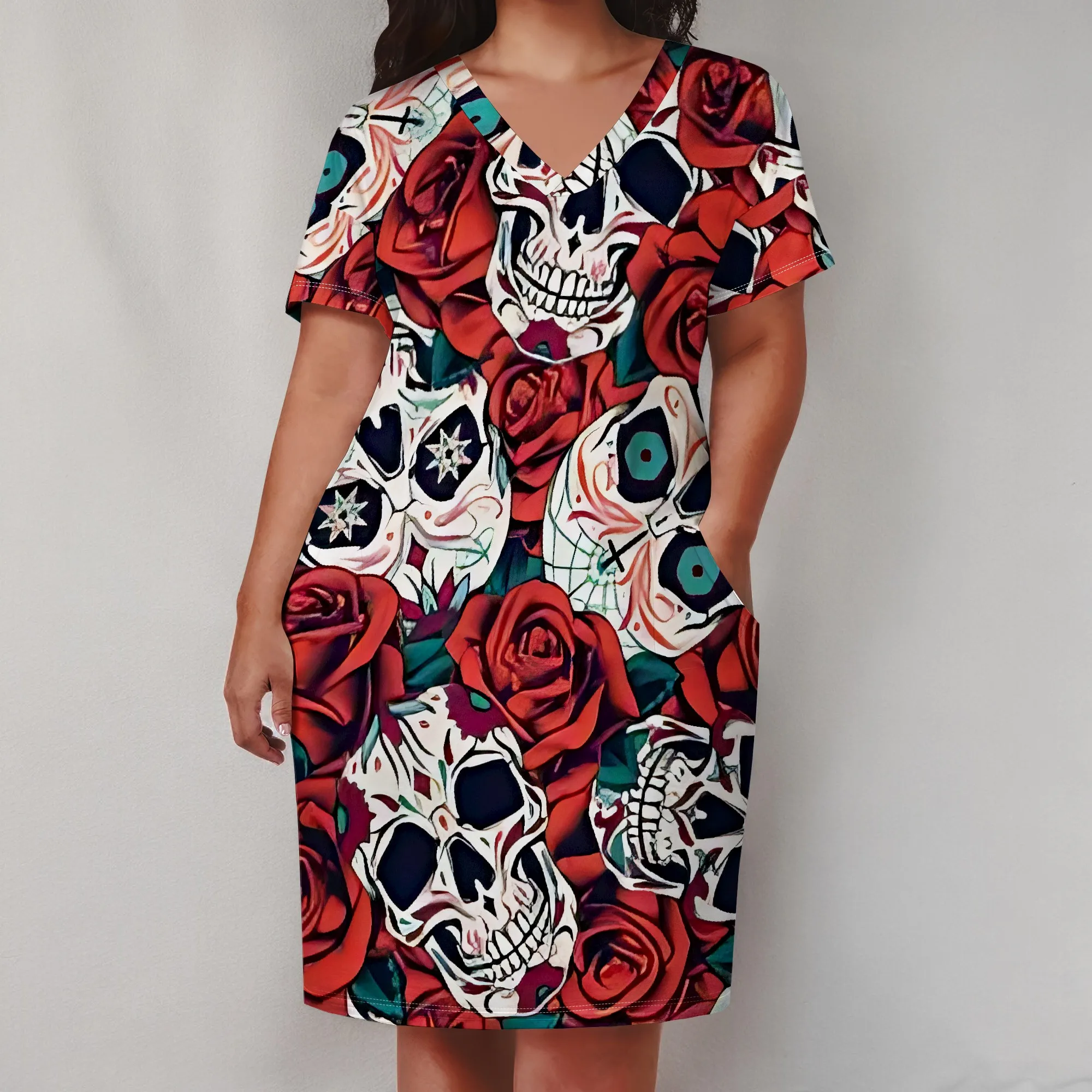 Plus Size Skull Rose Print Dress for Women Halloween V Neck Casual T Shirt Dress with Pockets
Plus Size Skull Rose Print Dress for Women Halloween V Neck Casual T Shirt Dress with Pockets