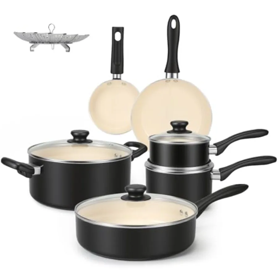 11-Piece Ceramic Non-Stick Pots and Pans Set Dishwasher and Oven Safe Easy Clean Glass Lids Black/Cream
11-Piece Ceramic Non-Stick Pots and Pans Set Dishwasher and Oven Safe Easy Clean Glass Lids Black/Cream