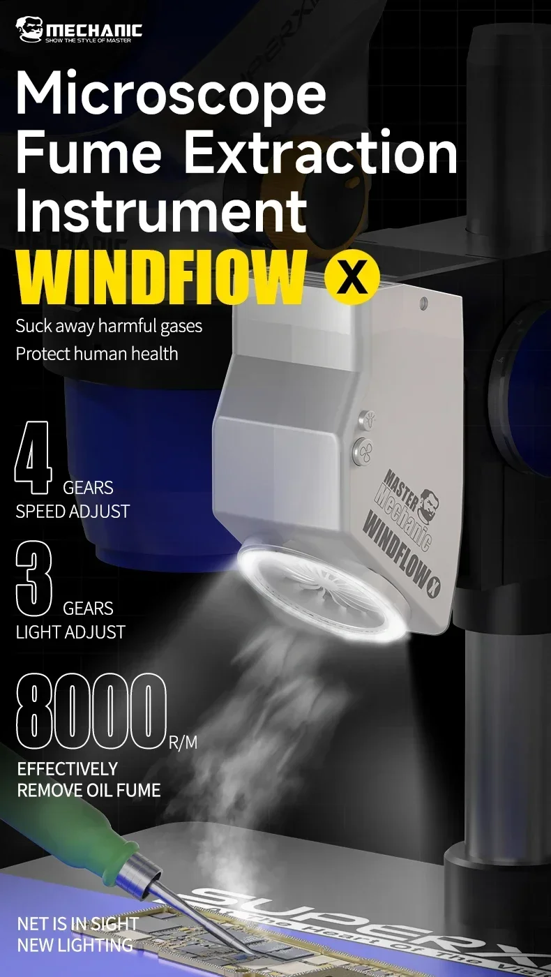 MECHANIC WindFlow X вытяжной вентилятор с легким мощным дымовым инструментом для ремонта сварки печатных плат материнской платы микроскопа
MECHANIC WindFlow X вытяжной вентилятор с легким мощным дымовым инструментом для ремонта сварки печатных плат материнской платы микроскопа