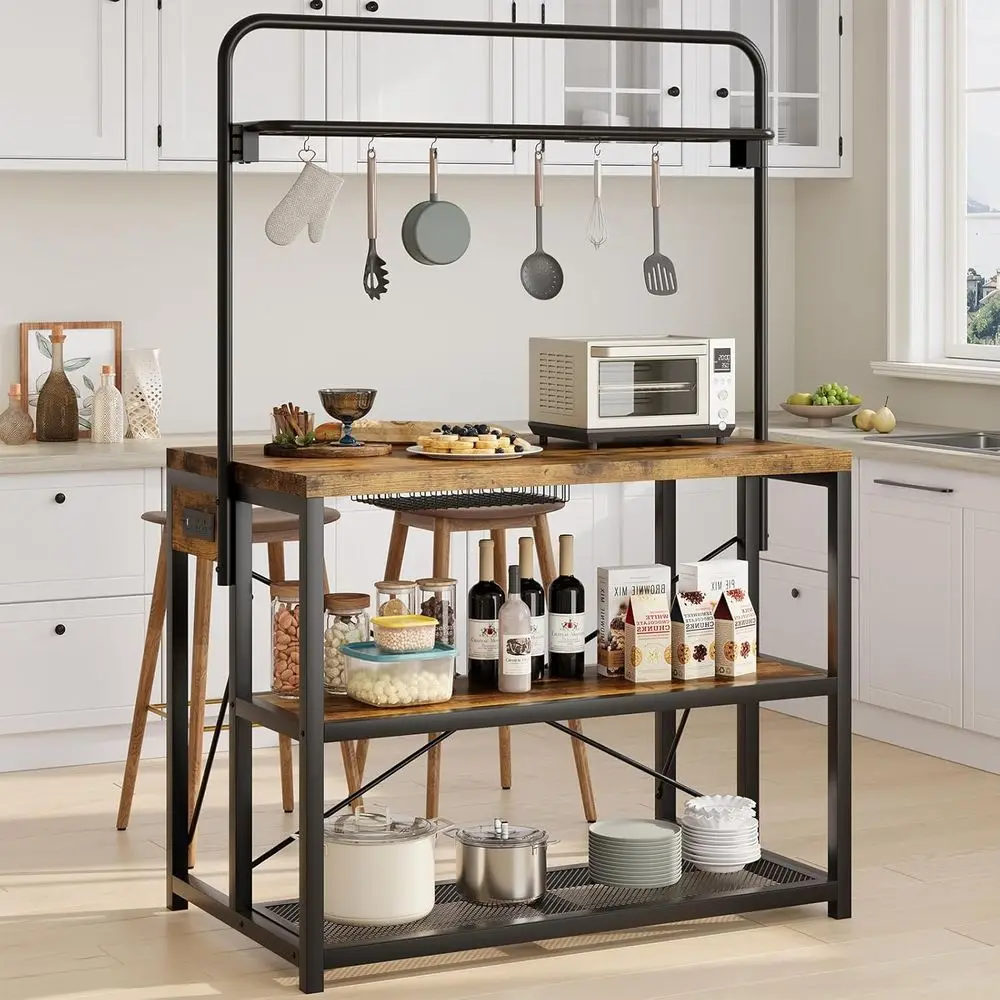 47 Kitchen Island with Storage, Bakers Rack, Microwave Stand, 3-Tier Shelves & 8 Hooks, Pantry Organizer, Metal Coffee Bar Table
47 Kitchen Island with Storage, Bakers Rack, Microwave Stand, 3-Tier Shelves & 8 Hooks, Pantry Organizer, Metal Coffee Bar Table