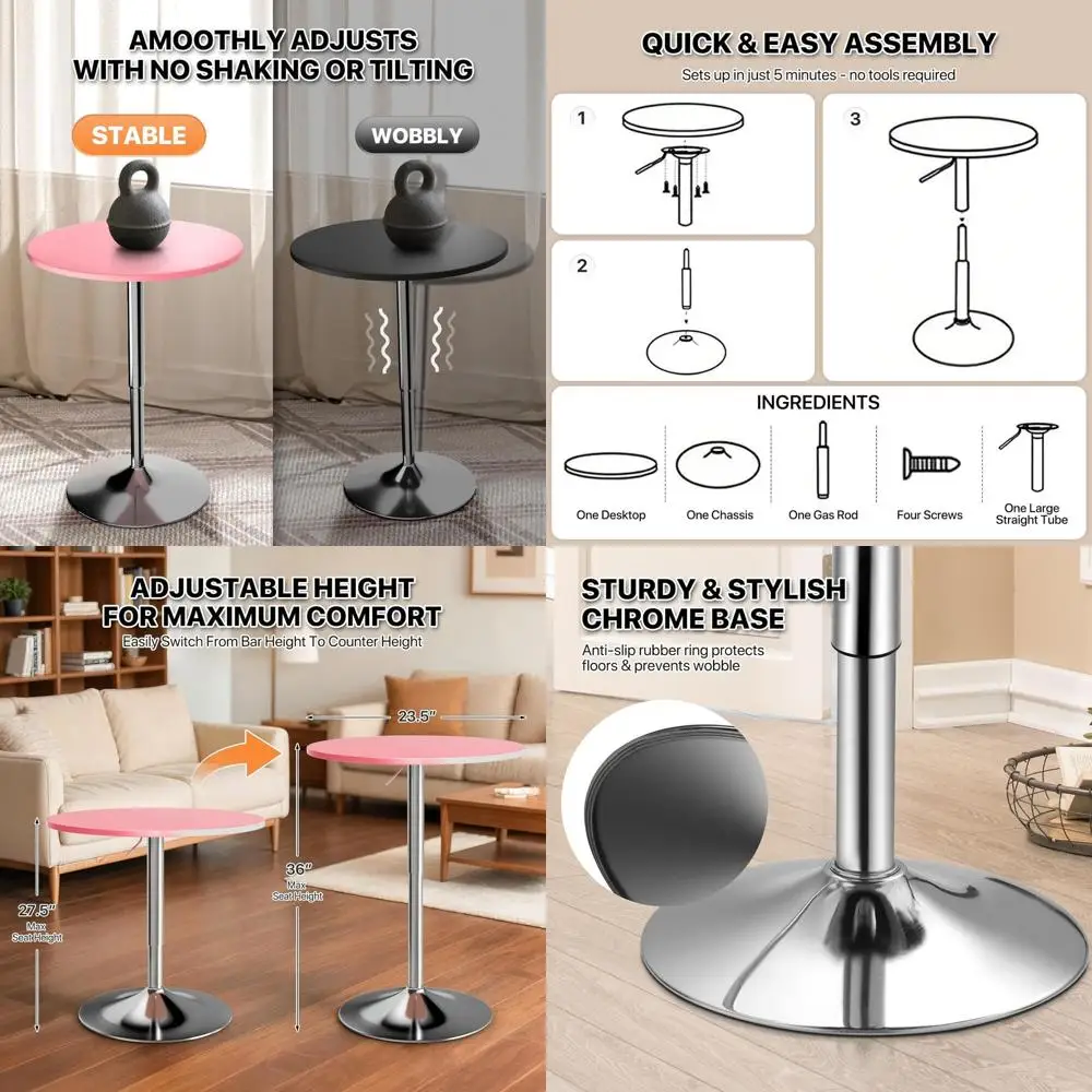 Adjustable Height Round Bar Table, 27.5-36, 360° Swivel, Suitable for Pub, Dining, Café, Cocktail, Pink
Adjustable Height Round Bar Table, 27.5-36, 360° Swivel, Suitable for Pub, Dining, Café, Cocktail, Pink