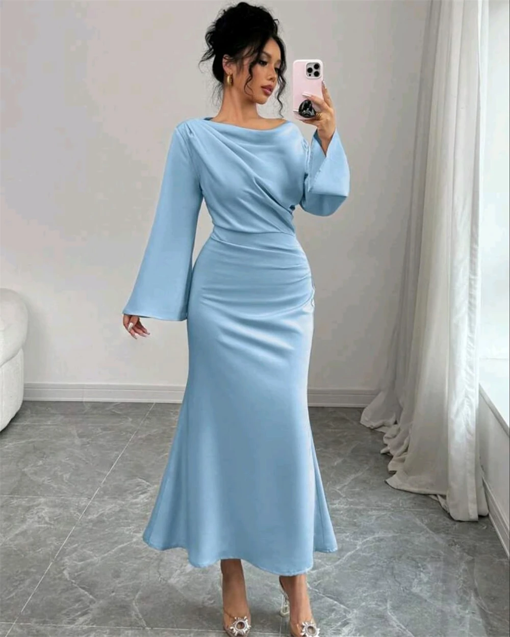 Customized Graceful Scoop Long Sleeves Flare Sleeves Evening Dress Temperament Mermaid Celebrity Gowns Classic Satin P
Customized Graceful Scoop Long Sleeves Flare Sleeves Evening Dress Temperament Mermaid Celebrity Gowns Classic Satin P