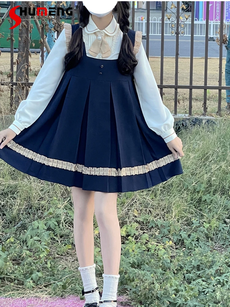 Preppy Style JK Uniform Suit Doll Collar Bow Short Sleeve Blouse Shirt A-line Pleated Loose Vest Dress Two-Piece Set Women 2024
Preppy Style JK Uniform Suit Doll Collar Bow Short Sleeve Blouse Shirt A-line Pleated Loose Vest Dress Two-Piece Set Women 2024