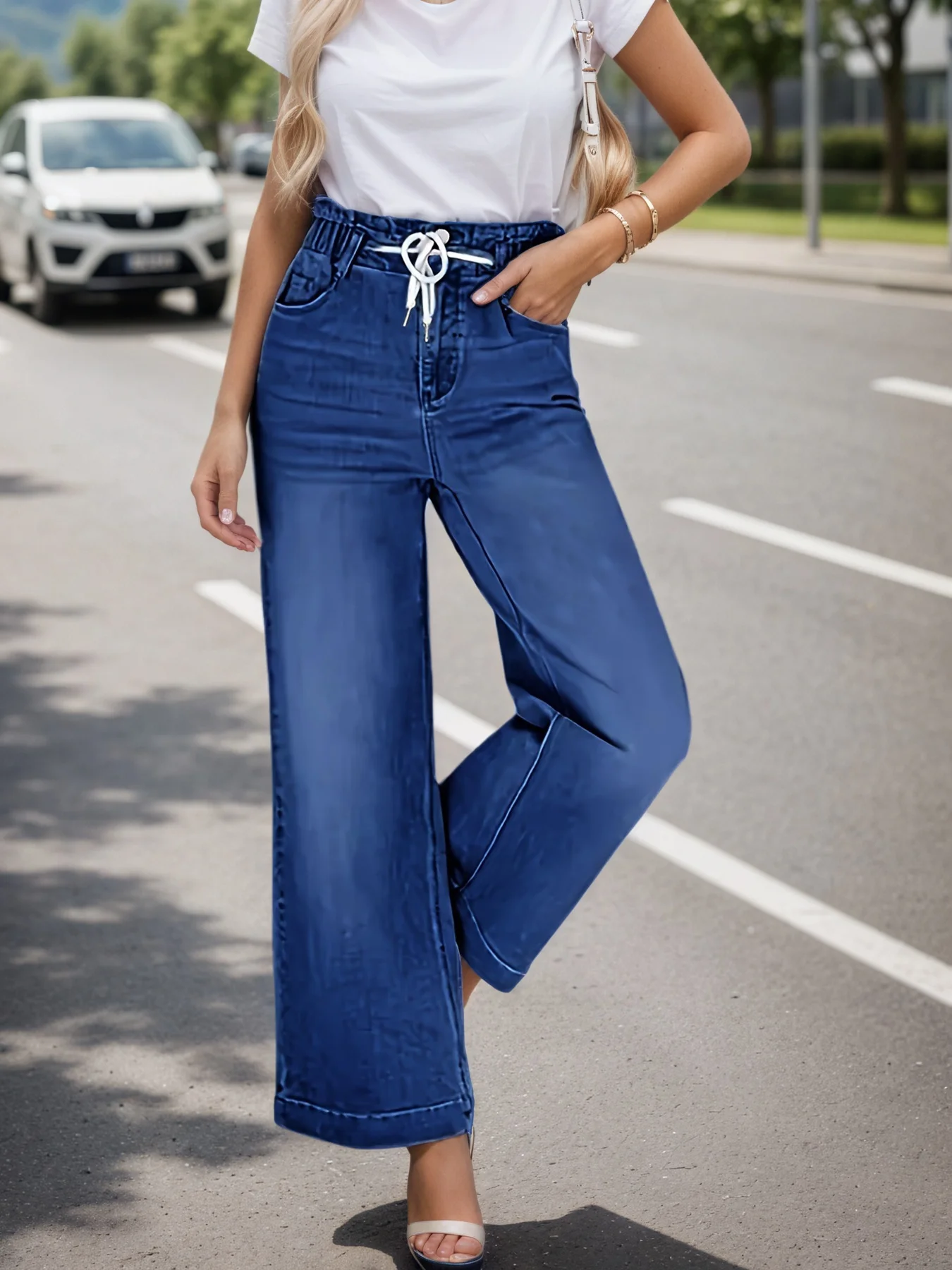 Women's Mid-Waist Elastic Drawstring Wide-Leg Jeans, Vintage Washed Blue with Pockets, Fashionable and Trendy, Easy-Matching Cas
Women's Mid-Waist Elastic Drawstring Wide-Leg Jeans, Vintage Washed Blue with Pockets, Fashionable and Trendy, Easy-Matching Cas