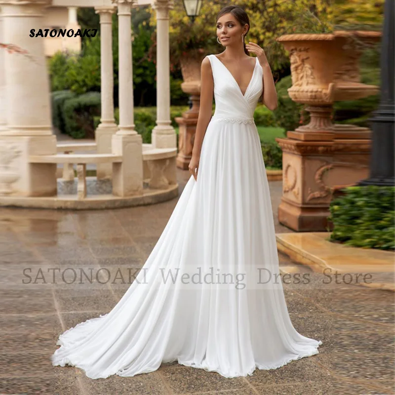 Elegant Simple Deep V-Neck Chiffon Wedding Dress for Women A-Line Sweep Train Backless Bride Gown Vestidos De Novia Custom Made
Elegant Simple Deep V-Neck Chiffon Wedding Dress for Women A-Line Sweep Train Backless Bride Gown Vestidos De Novia Custom Made