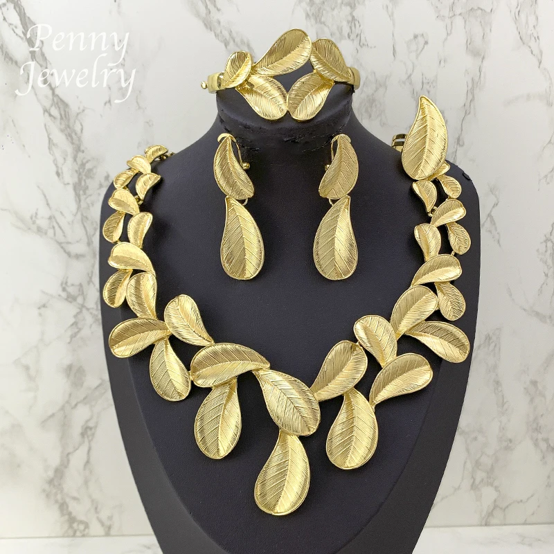 Leaf Shaped Gold Plated 4Pcs Jewelry Set for Women Necklace Drop Earrings Bracelet Ring Bridal Wedding Party Anniversary Gifts
Leaf Shaped Gold Plated 4Pcs Jewelry Set for Women Necklace Drop Earrings Bracelet Ring Bridal Wedding Party Anniversary Gifts
