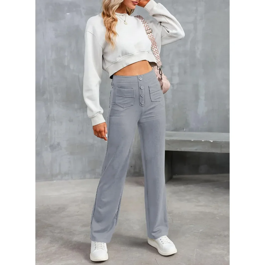 European and American fashion new women's casual straight leg pants with high waist button elastic band and multiple pockets----
European and American fashion new women's casual straight leg pants with high waist button elastic band and multiple pockets----