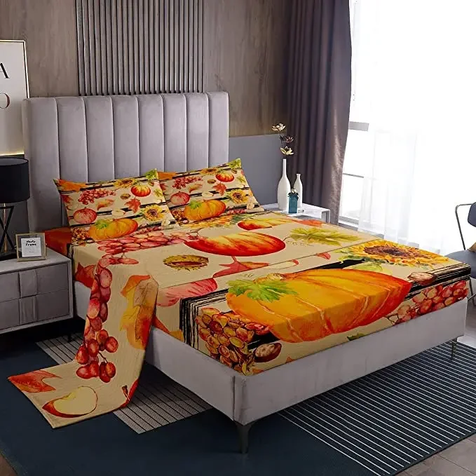 Autumn Harvest Theme Sheet Set Pumpkin Fruits Leaves Pattern Bedding Set King Queen Full Size for Kids Boys Girls Bedroom Decor
Autumn Harvest Theme Sheet Set Pumpkin Fruits Leaves Pattern Bedding Set King Queen Full Size for Kids Boys Girls Bedroom Decor