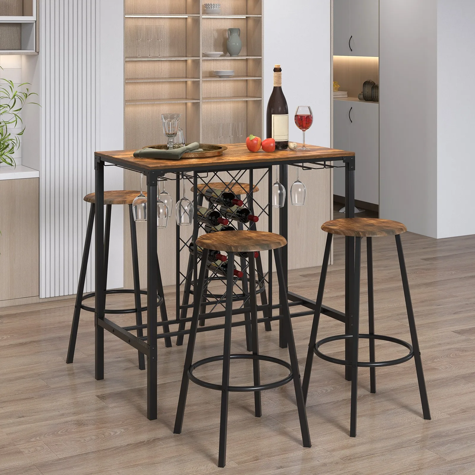 5PCS Bar Table & Stools Set Industrial Bistro Set with Wine Rack & Glass Holder
5PCS Bar Table & Stools Set Industrial Bistro Set with Wine Rack & Glass Holder