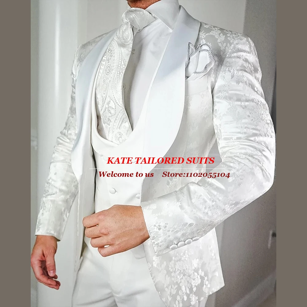 3 Pieces Men Suits Slim Fit White Floral Wedding Tuxedo For Groom Satin Shawl Lapel Blazer Vest Pants Formal Prom Party Dress
3 Pieces Men Suits Slim Fit White Floral Wedding Tuxedo For Groom Satin Shawl Lapel Blazer Vest Pants Formal Prom Party Dress