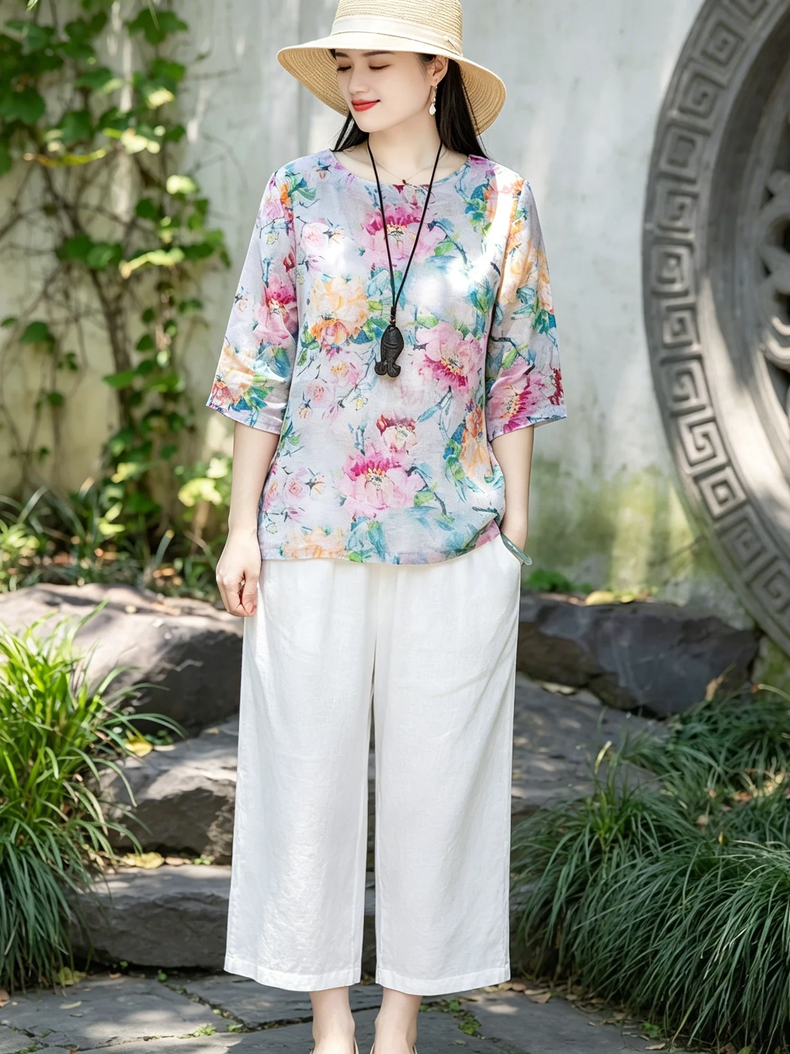Fashionable Anti-Aging Floral Print Linen Top Wide Leg Pants Two-Piece Set Women's Spring Summer Commute Casual Linen Suit
Fashionable Anti-Aging Floral Print Linen Top Wide Leg Pants Two-Piece Set Women's Spring Summer Commute Casual Linen Suit