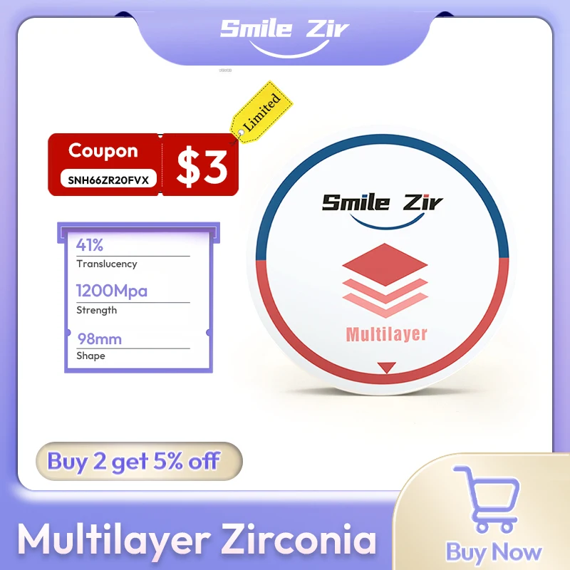 smile_zir Dental Multilayer Zirconia Disk Disc Block for Open CAD/CAM System 98mm Vita 16 Colors Dental Lab Dentistry Material
smile_zir Dental Multilayer Zirconia Disk Disc Block for Open CAD/CAM System 98mm Vita 16 Colors Dental Lab Dentistry Material